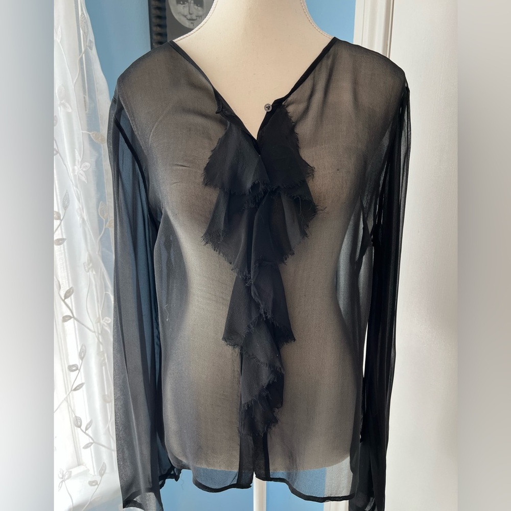 Sheer Black Silk Crepe Button Down Blouse. Size Small